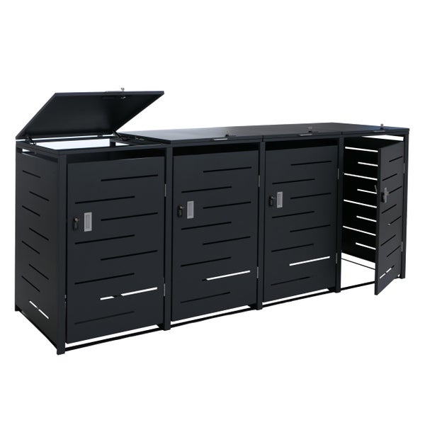 Mülltonnenbox aus Metall für vier Tonnen mit Lamellentüren, Zahlenschlössern und Klappdeckeln.