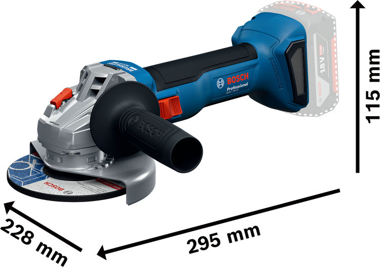 Bosch Professional Akku-Winkelschleifer GWS 18 Volt-8. Länge 295 Millimeter, Breite 228 Millimeter und Höhe 115 Millimeter.