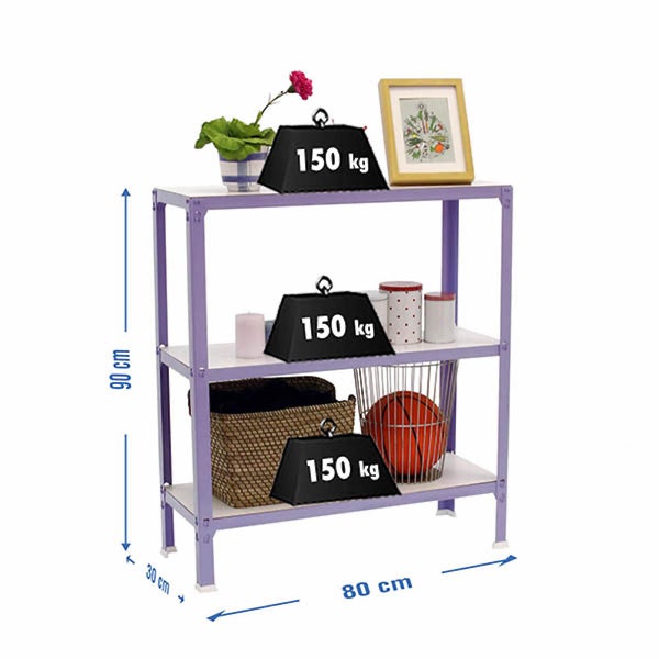 Metallregal mit 3 Ebenen, Maße 90 mal 80 mal 30 Zentimeter, Tragkraft 150 Kilogramm pro Boden.