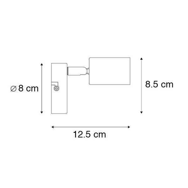Technische Zeichnung einer Wandleuchte mit den Maßen 8, 8,5 und 12,5 Zentimeter.