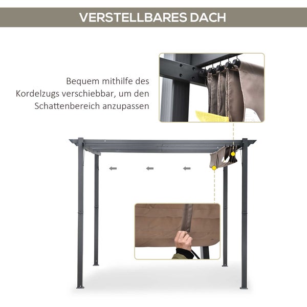 Verstellbares Dach der Pergola mit Kordelzug zur Anpassung des Schattenbereichs.