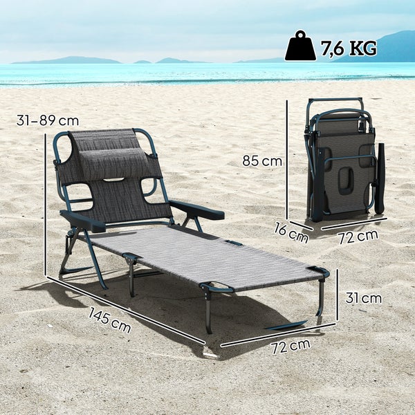Outsunny Sonnenliege klappbar Gartenliege mit Lesefenster, Kopfkissen, Liegestuhl mit 4-Fach verstellbare Rückenlehne, wetterfeste Campingliege bis 120 kg belastbar, für Garten Strand Pool, Grau