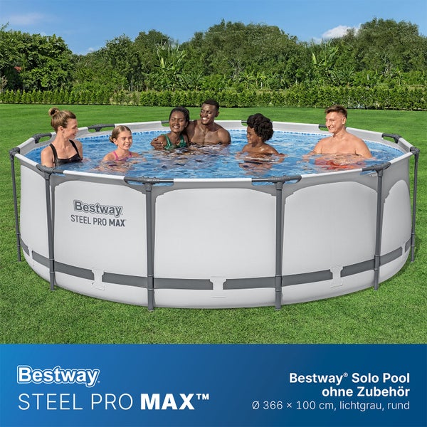 Heller runder Bestway Steel Pro MAX Aufstellpool mit Stahlrahmen, Durchmesser 366 Zentimeter, Höhe 100 Zentimeter, im Garten mit Personen.