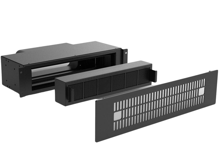Einbaugehäuse mit Filterelement und Frontgitter für Dunstabzugshauben aus Metall.