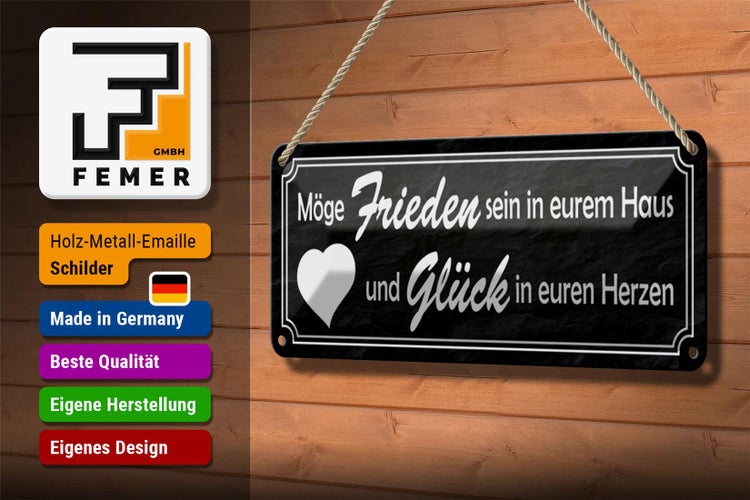 Blechschild Spruch 27x10cm Frieden im Haus Glück in Herzen Dekoration