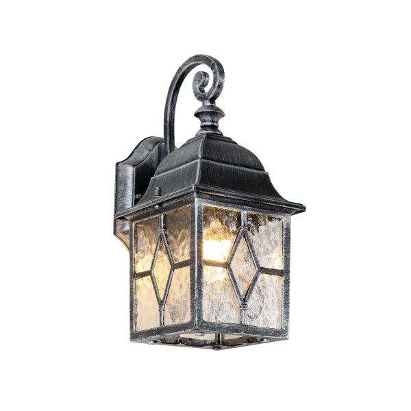 Klassische Außenwandleuchte in Laternenform aus Metall mit strukturiertem Glas und dekorativem Rautenmuster.