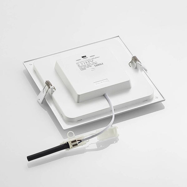 Rückseite eines quadratischen LED-Einbaupanels mit Montagefedern, integriertem Treiber und Anschlusskabel.