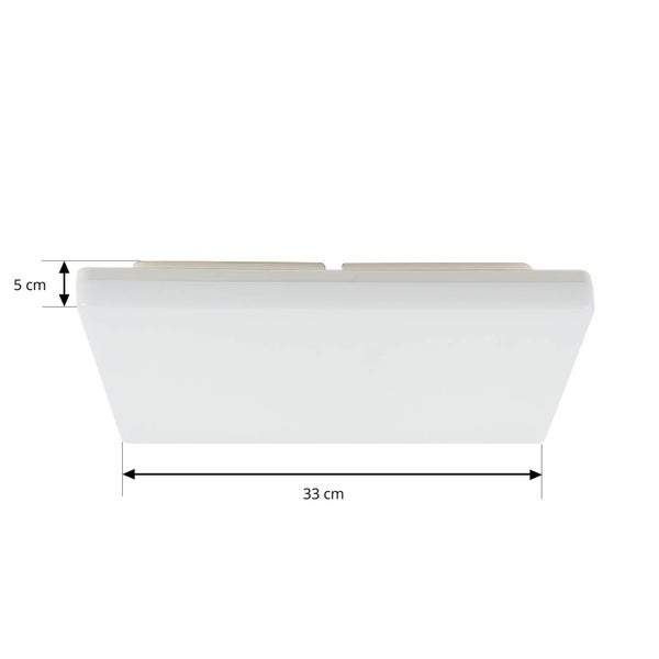 Quadratische LED-Deckenleuchte in Weiß mit einer Breite von 33 Zentimetern und einer Höhe von 5 Zentimetern.