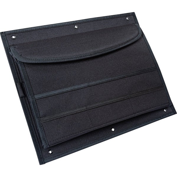 Schwarze Textil-Werkzeugtafel mit mehreren Taschen und Metallösen zur Befestigung.