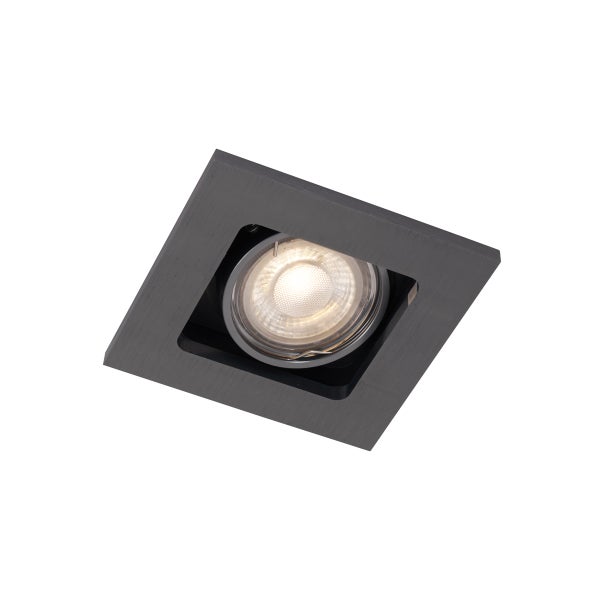 Quadratischer Einbaustrahler aus gebürstetem Metall in Anthrazit mit schwenkbarem Leuchtmittel.