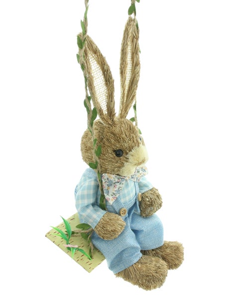 FRANK FLECHTWAREN|Hänger Schaukel-Häschen, ca. 17 x 16 x 32 cm, GH 52 cm, KUNSTSTOFF, STROH, TEXTIL, KUNSTFELL