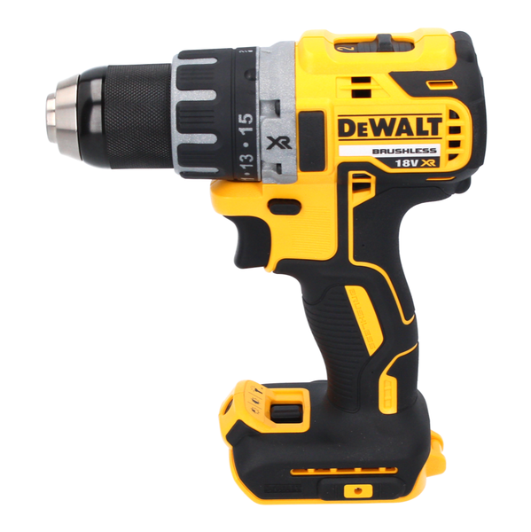 Gelb-schwarzer Akku-Bohrschrauber DeWalt mit bürstenlosem Motor, 18 Volt, XR-Serie und Schnellspannbohrfutter. DeWalt Logo.