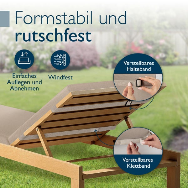 Formstabile und rutschfeste Gartenliege mit verstellbarem Halteband und Klettband