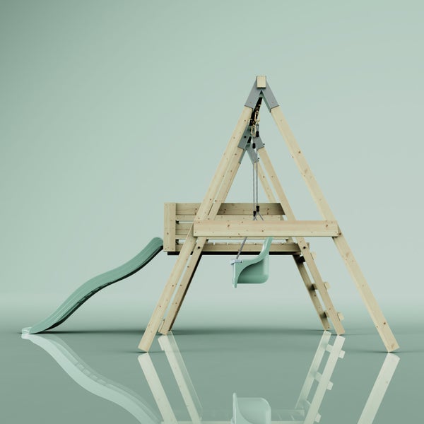 Kinderspielgerät aus Holz mit Einzelschaukel, Kletterleiter, Podest und Rutsche sowie Metallbeschlägen.