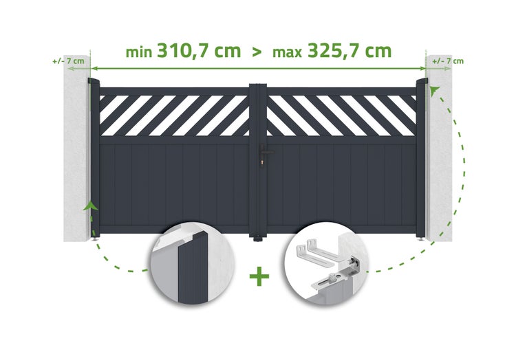 Zweiflügeliges Gartentor aus Aluminium in Anthrazit mit diagonalen Lamellen, Breite verstellbar zwischen 310,7 und 325,7 Zentimeter.