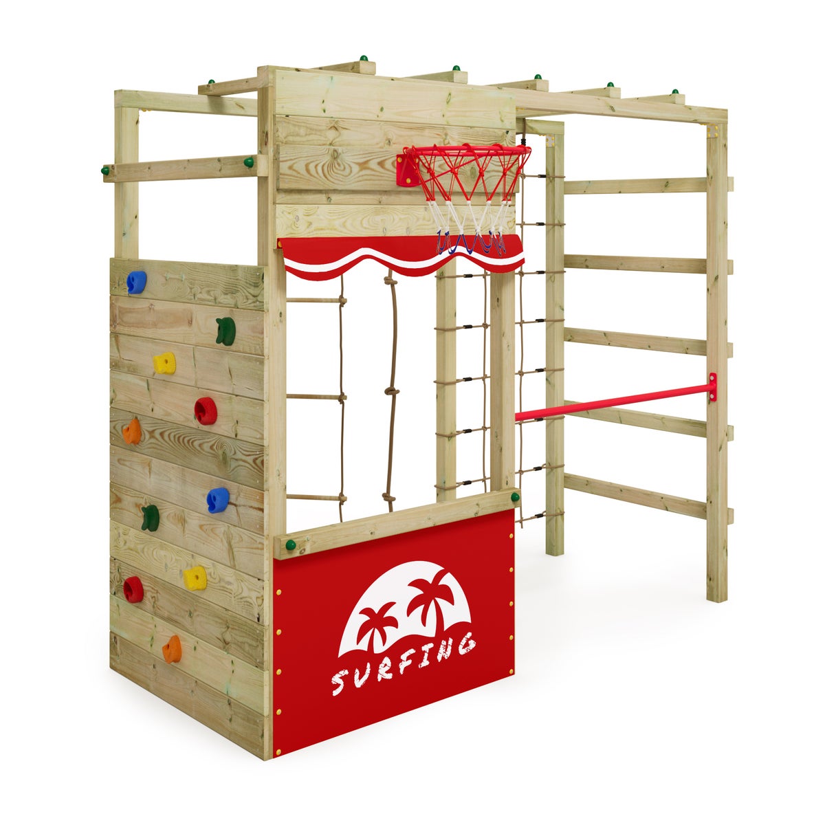 WICKEY Klettergerüst Spielturm Smart Action Gartenspielgerät mit Kletterwand und Spiel-Zubehör - rot