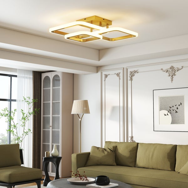 Deckenleuchte mit quadratischem Design in einem Wohnzimmer.