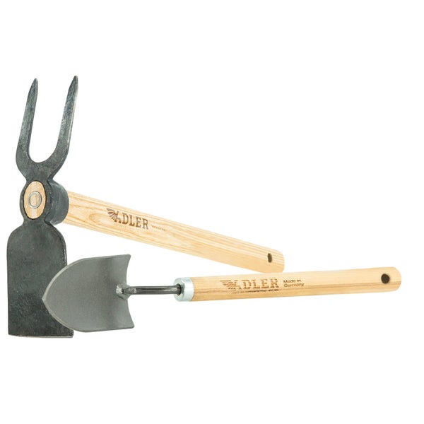 Adler Gartenhacke mit zwei Zinken und Adler Pflanzschaufel aus Stahl mit Holzstiel