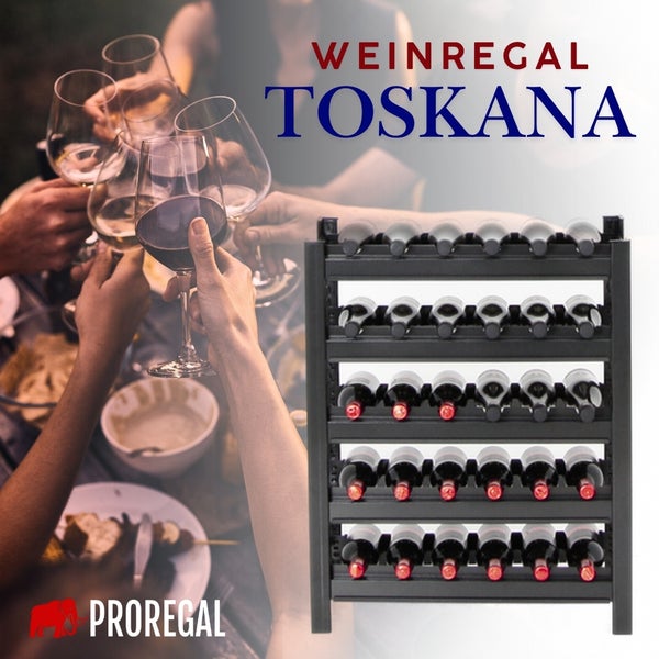 PROREGAL Weinregal TOSKANA HxBxT 75x60x30 cm 30 Flaschen auf 5 Ebenen Schwarz Wein Metallregal Weinständer Flaschenständer
