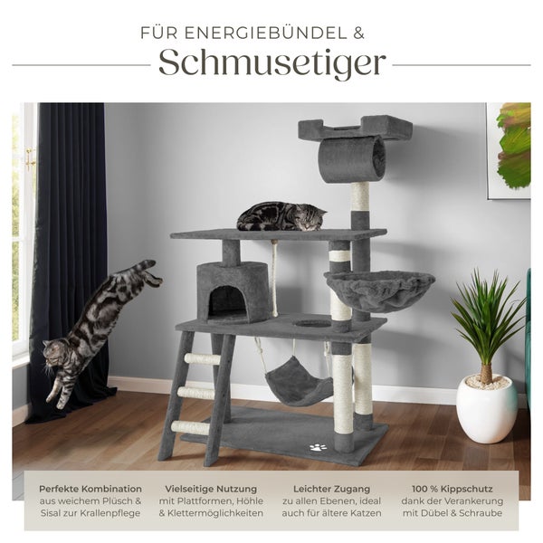Kratzbaum tectake Marcel inklusive Treppe, Spielkordel und Kippschutz 141 cm grau