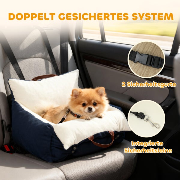 Hundeautositz als doppelt gesichertes System mit integrierter Sicherheitsleine und zwei Sicherheitsgurten auf dem Rücksitz eines Fahrzeugs.