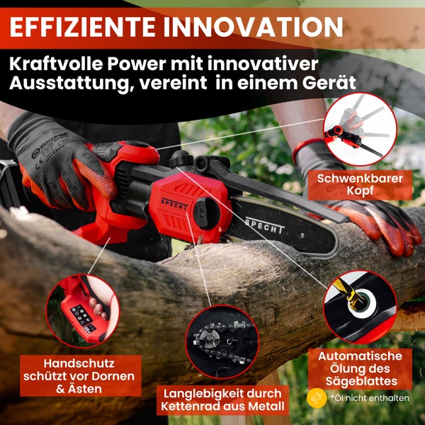 Specht® OAK-ONE Akku Astsäge/Minikettensäge/Gehölzschneider, inkl. 1 x 4Ah Akku und Docking Station