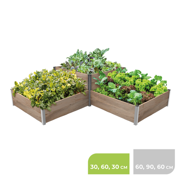 Eckiges Hochbeet aus Holz mit Metallecken, bepflanzt mit Salat und Kräutern, Maße 30 mal 60 mal 30 Zentimeter und 60 mal 90 mal 60 Zentimeter.
