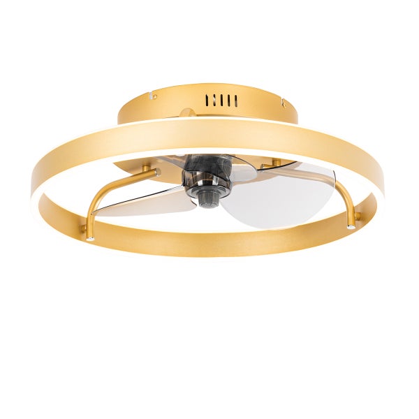 Deckenventilator mit LED-Beleuchtung in Ringform, goldfarbenes Gehäuse mit transparenten Flügeln.