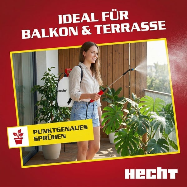 Eine Frau nutzt ein Hecht Drucksprühgerät auf einem Balkon zum präzisen Besprühen von Pflanzen. Ideal für Balkon und Terrasse.