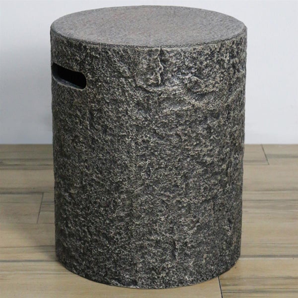 Zylindrischer Hocker in Steinoptik mit rauer Oberfläche und integriertem Griff.