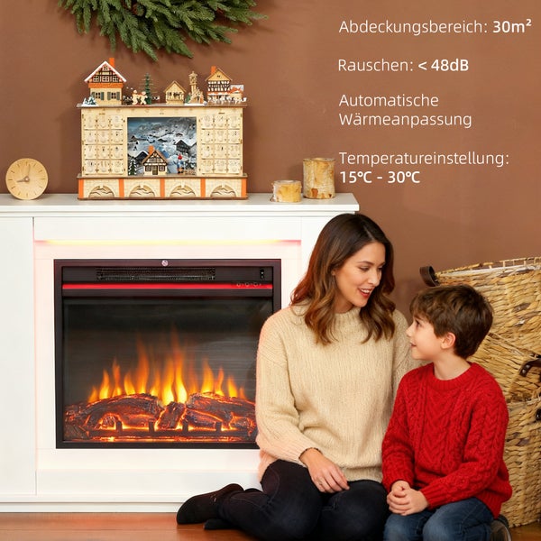 Elektrischer Kamin in Weiß mit realistischer Flamme, Frau und Kind, Heizung bis 30 Quadratmeter, unter 48 Dezibel, 15 bis 30 Grad Celsius.