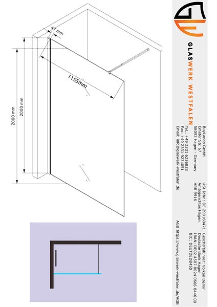 Technische Zeichnung Walk-In Duschwand: Breite 1155 Millimeter, Höhe 2000 Millimeter, Profiltiefe 47 Millimeter. Glaswerk Westfalen Logo.
