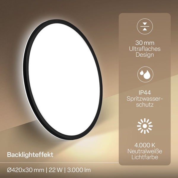 Runde schwarze LED Deckenleuchte mit Backlight-Effekt, ultraflach 30 Millimeter, IP44 Spritzwasserschutz, 4000 Kelvin neutralweißes Licht.