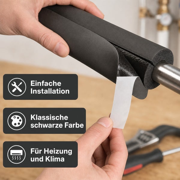 Rohrisolierung aus Schaumstoff zur Wärmedämmung von Metallrohren.