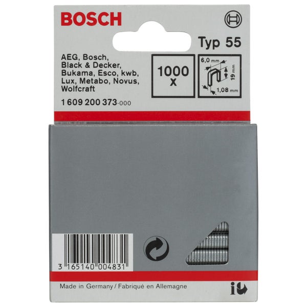 Bosch Logo. 1000 Heftklammern Typ 55 mit den Maßen 6,0 mm x 19 mm x 1,08 mm.