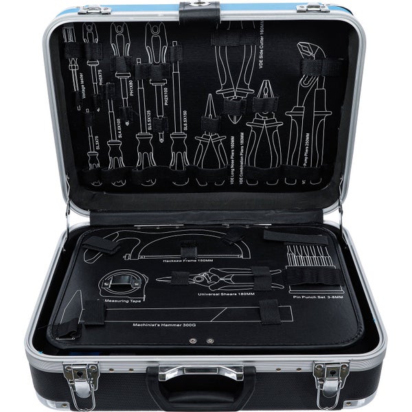 Geöffneter Werkzeugkoffer mit verschiedenen Werkzeugen wie Schraubendreher, Zangen, Hammer und Säge