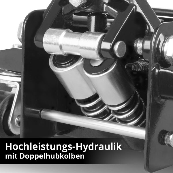 Detailaufnahme der Hochleistungs-Hydraulik mit Doppelhubkolben eines Wagenhebers