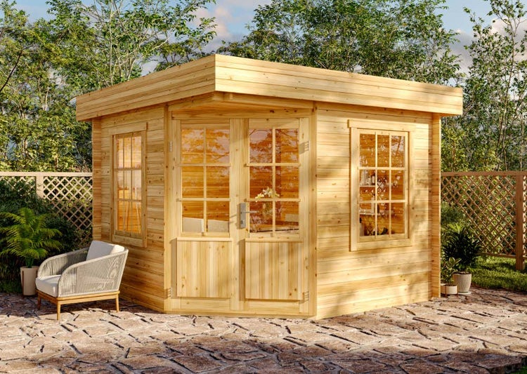 Alpholz 5-Eck Gartenhaus Monica-28 mit Flachdach Gartenhaus aus Holz in natur, Holzhaus mit 28 mm Wandstärke, Blockbohlenhaus mit Montagematerial imprägniert 3x3m