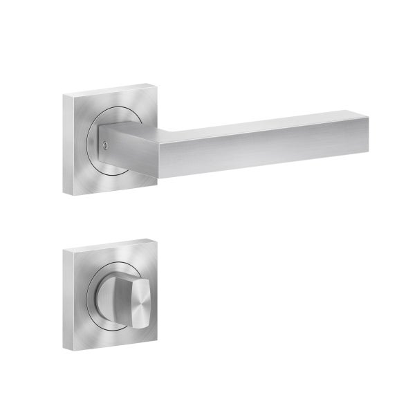 Türdrücker Set aus mattem Edelstahl mit quadratischer Rosette und Badezimmer Verriegelung.