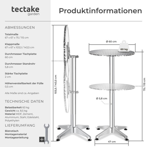 tectake garden Logo. Abmessungen und technische Daten eines klappbaren Bistrotischs. Tischplatten-Durchmesser 60 Zentimeter, Belastbarkeit 60 Kilogramm.