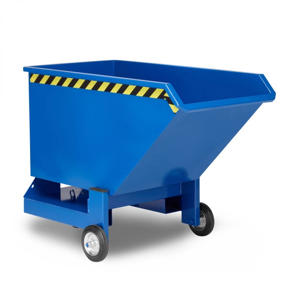 Blauer Kippbehälter mit Rädern und Warnstreifen