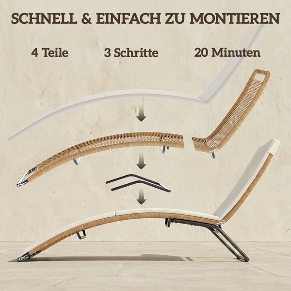 Montageanleitung für eine Gartenliege mit 4 Teilen, 3 Schritten und einer Dauer von 20 Minuten.