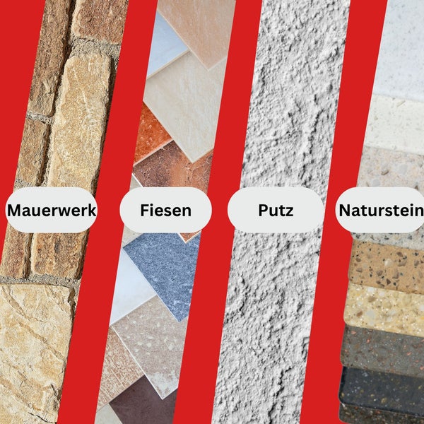 Produktübersicht mit Mauerwerk, Fliesen, Putz und Naturstein
