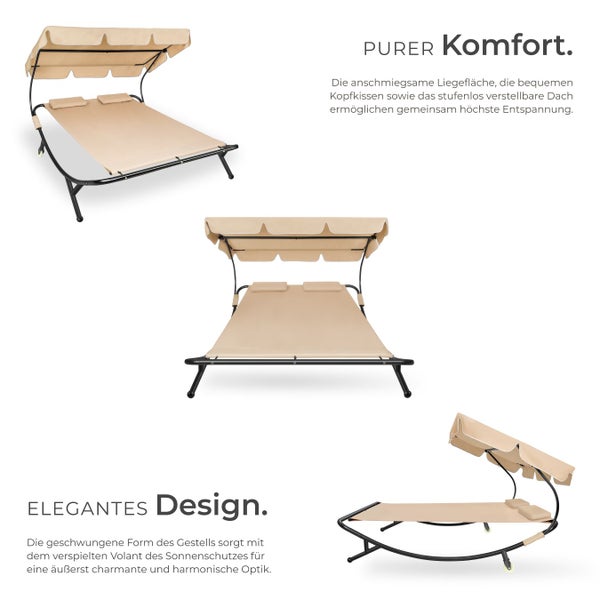 Doppel-Sonnenliege mit verstellbarem Dach, zwei Kissen und geschwungenem Metallgestell in Beige und Schwarz.