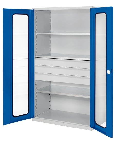 Stahlschrank mit Glastüren, Regalböden und Schubladen für die Werkstatt
