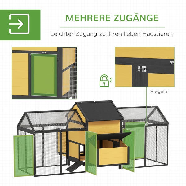 PawHut Hühnerstall aus Holz, Geflügelstall mit Nistkasten, Doppel-Laufstall mit Tablett, Gehege mit Rampe, Hühnerhaus für Hühner, 247 x 125 x 113,5 cm, Gelb