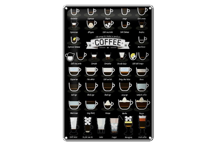 Blechschild Spruch 20x30cm Coffee 38 ways to make a perfect