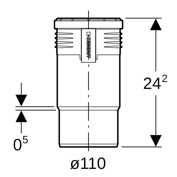 Maßzeichnung eines Geberit Rohrverbinders mit Geberit Logo, Durchmesser 110 und Gesamthöhe 24,2.