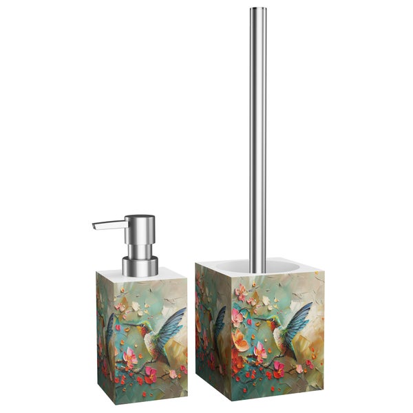 Badezimmer Set bestehend aus einem Seifenspender und einer WC Garnitur mit Kolibri Motiv aus Kunstharz