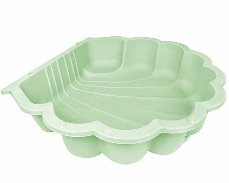 Hellgrüner Sandkasten und Planschbecken in Muschelform aus Kunststoff.